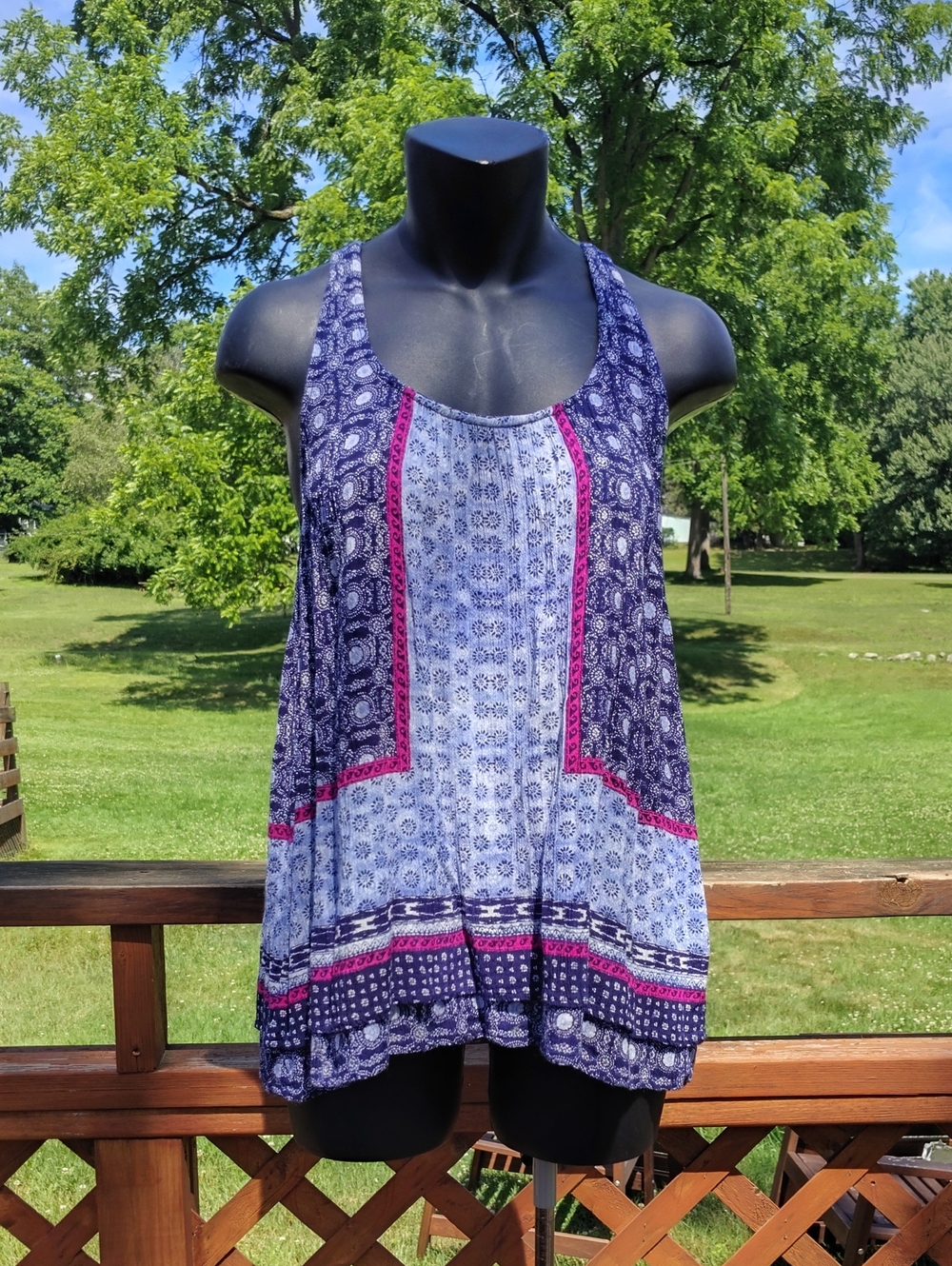 Alya Blue & Purple Bohemian Geometric Print Split Strap Tank Top Size Medium